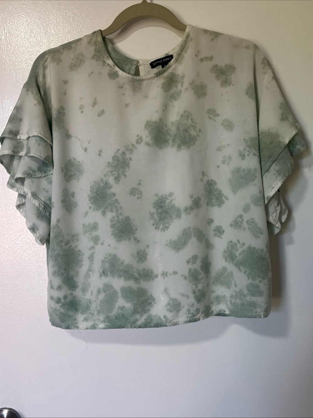 Style Envy Sage Green Tie-Dye Ruffle Sleeve Rayon Boxy Blouse